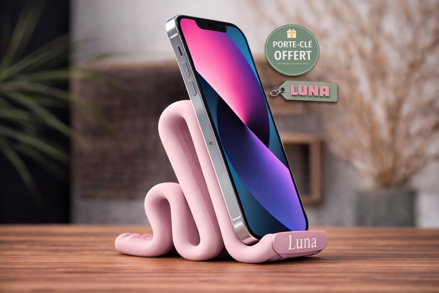 Support Téléphone Personnalisable – Design Moderne pour Bureau et Table de Chevet + Porte-clé Offert