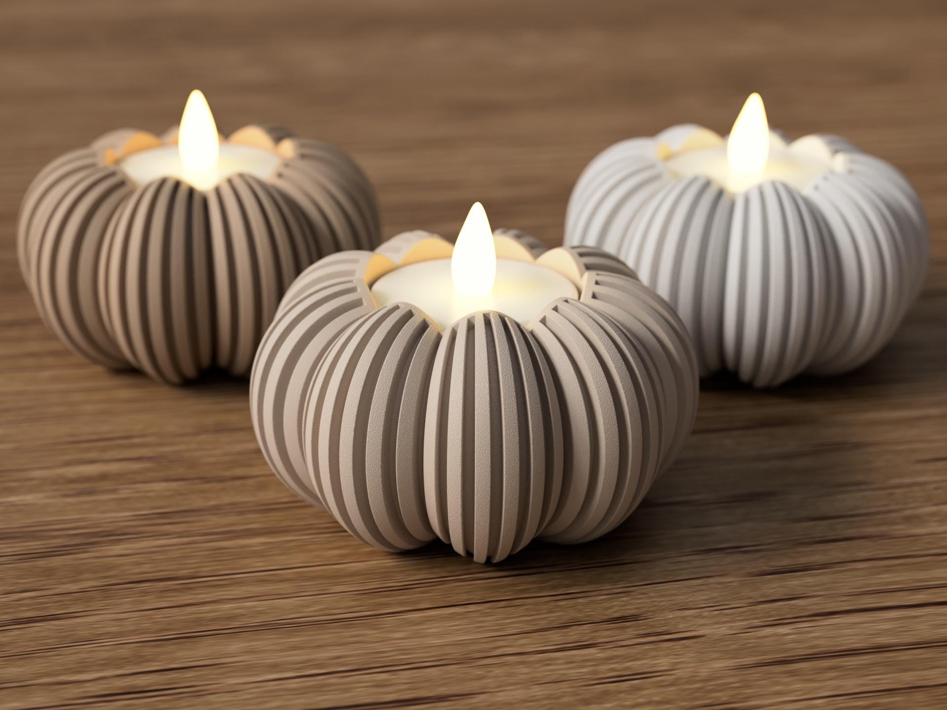 Porte-bougie citrouille 3D – Photophore Japandi minimaliste automnal par Flexura3D.
3D pumpkin candle holder – Minimalist Japandi autumn tealight holder by Flexura3D.