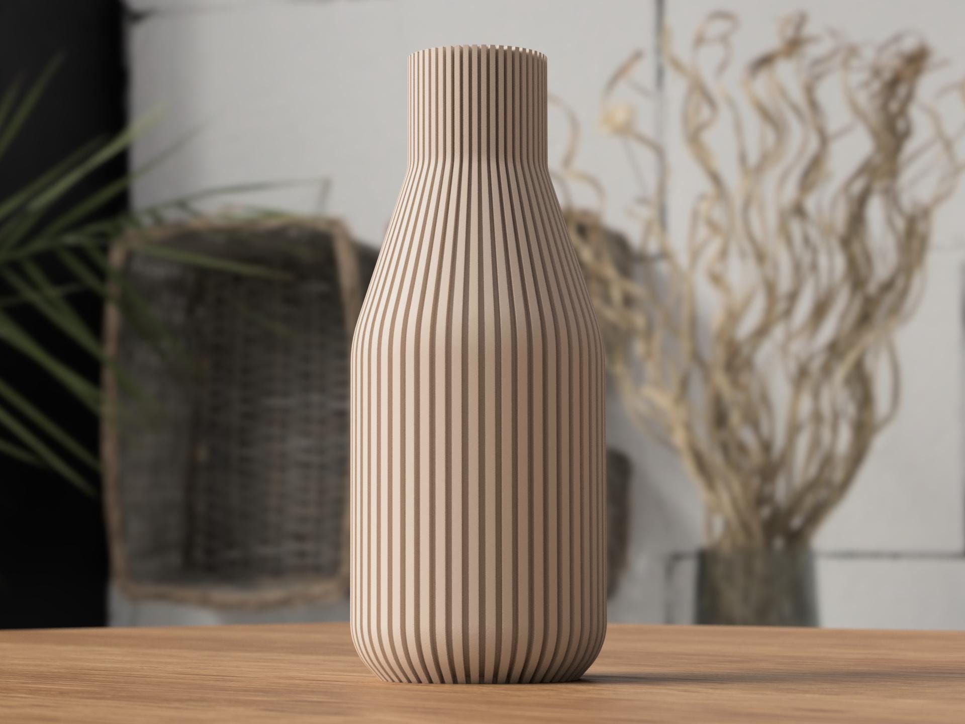 Vase minimaliste Japandi en impression 3D – Vase côtelé moderne pour fleurs séchées – Décoration intérieure scandinave