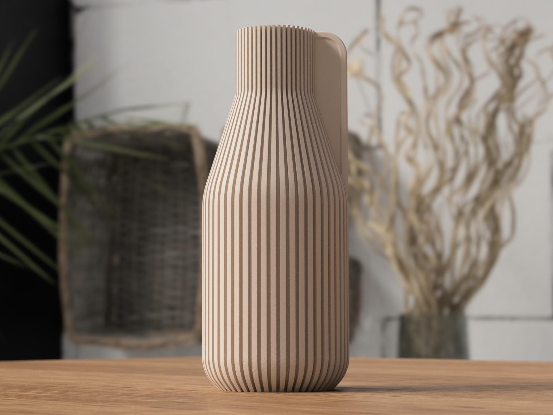 Vase minimaliste Japandi en impression 3D – Vase côtelé moderne pour fleurs séchées – Décoration intérieure scandinave